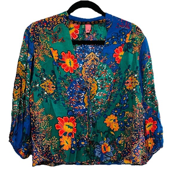 FARM RIO Green Tropical 100% Viscose Puff Sleeve Boho Blouse Sz S/P - Picture 2 of 8